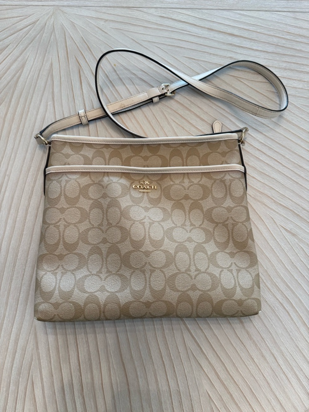 Coach Tan Signature Canvas Crossbody Bag with Cream Trim